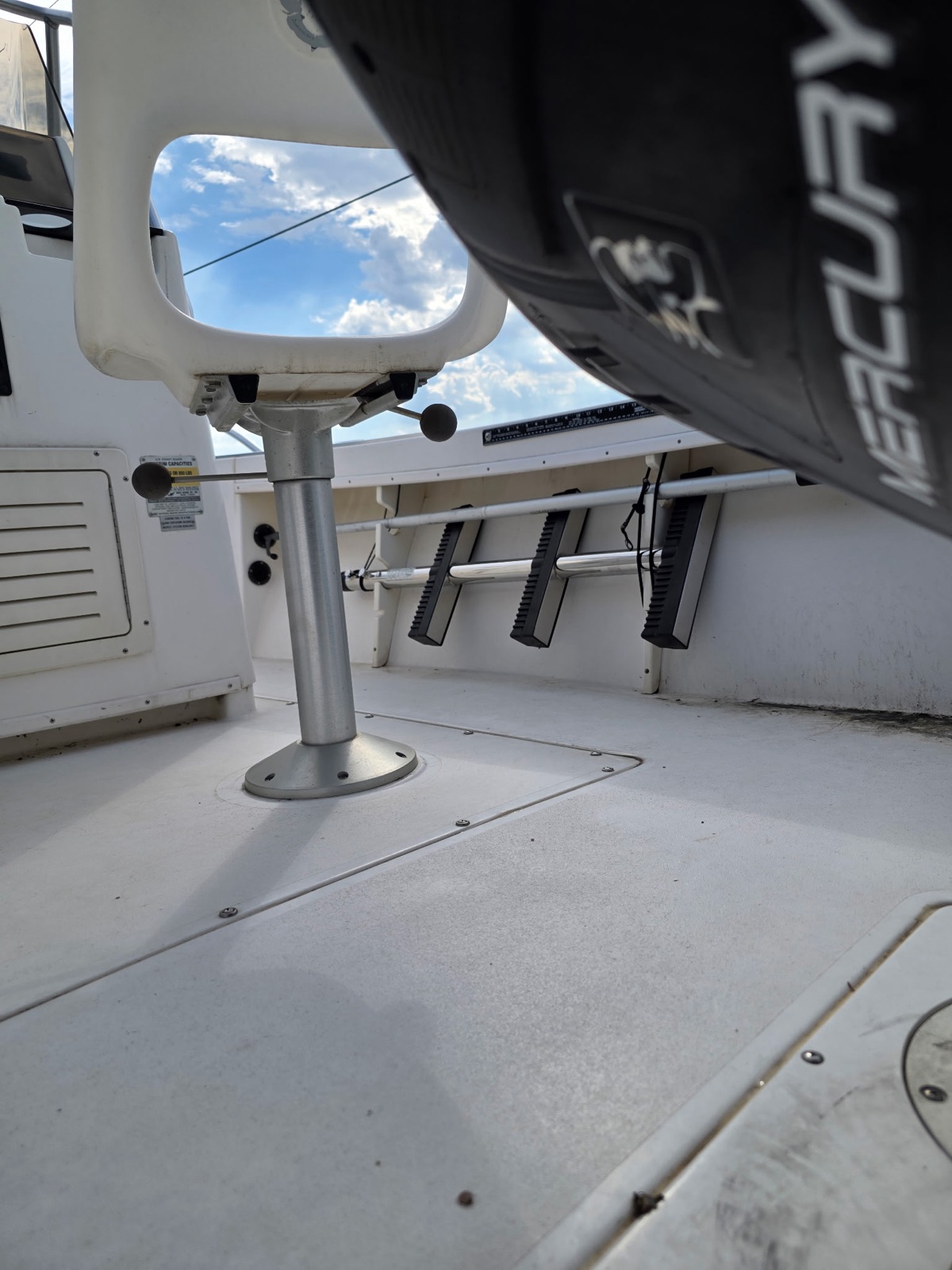 Cockpit with pedestal helm seat and gunwale rod holders